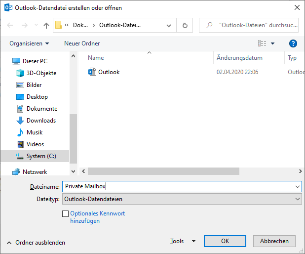 Outlook Datendatei anlegen