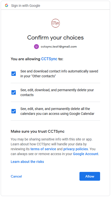 CCTSync wants access to your Google Account