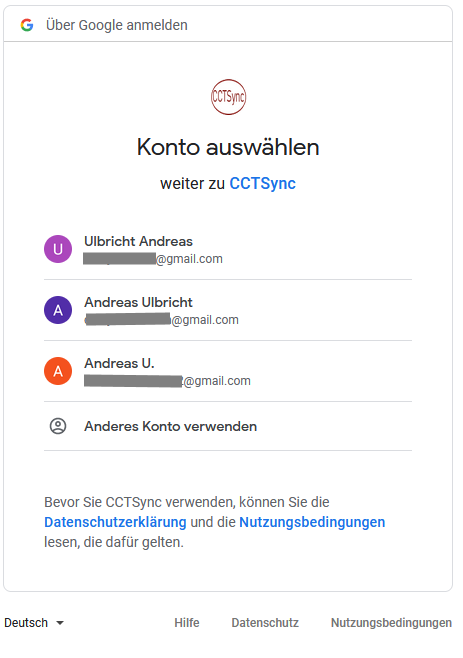 Wählen Sie hier das Google Konto für die Verwendung in CCTSync aus.