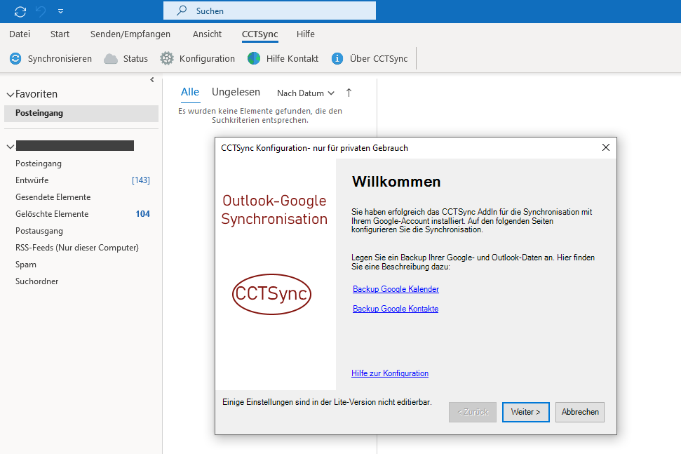 The next time Outlook is opened, the CCTsync menu bar and the configuration wizard appear.