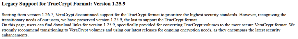 TrueCrypt Legacy Support Hinweis auf der VeraCrypt Seite.