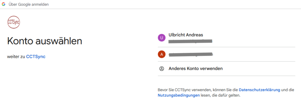 Google Account für die Verwendung in CCTSync auswählen.