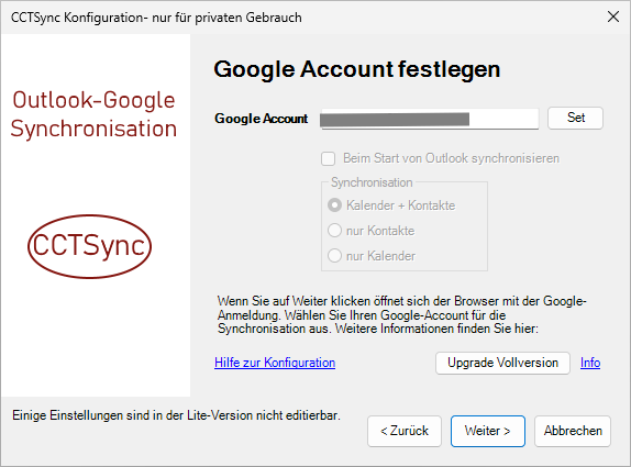 CCTSync Lite-Version Konfiguration - Google Account Eingabe.
