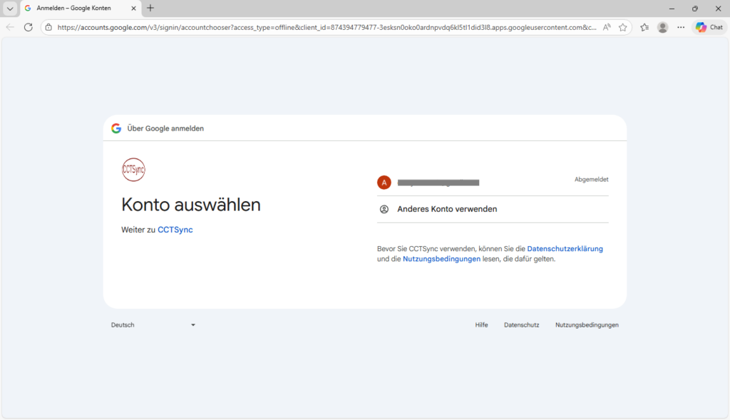 CCTSync Konfiguration - Hier wählen Sie den gewünschten Google Account aus.