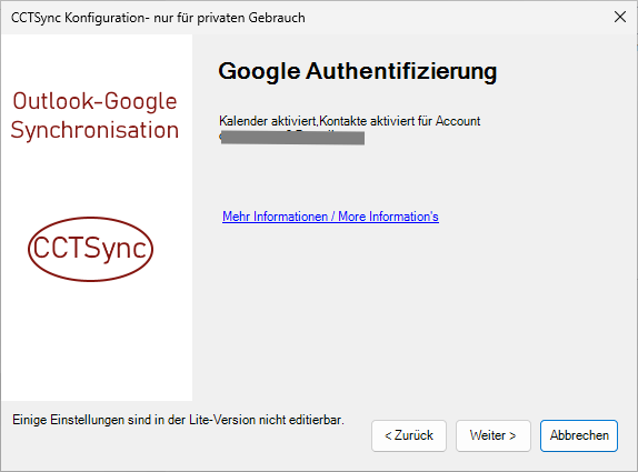 CCTSync Lite-Version Konfiguration - Google Autentifizierung erfolgreich
