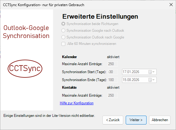 CCTSync Lite-Version Konfiguration - Die Erweiterten Einstellungen