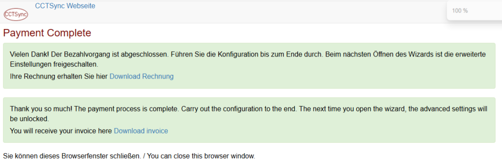 Der Bezahlvorgang war erfolgreich.